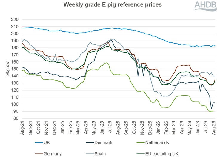 A line graph showing EU grade E pig prices from 4 August 2024 to 9 August 2026.